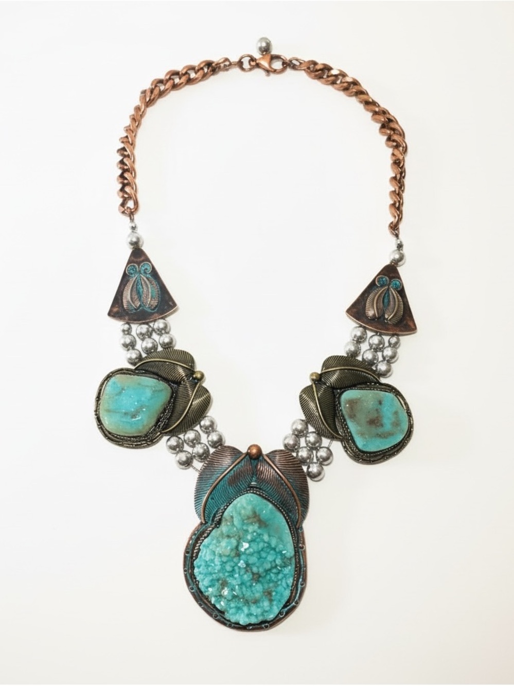 Turquoise and Bronze Statement Necklace with feather earrings